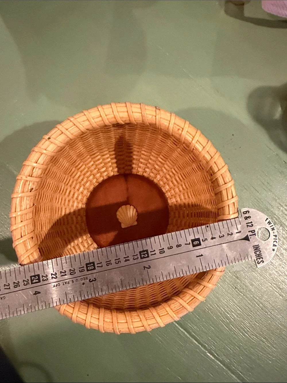 Nantucket basket hand woven signed with ivory shell top